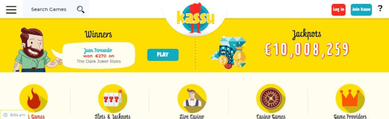 kassu casino lobby offers slots and jackpots, kasyno w czasie rzeczywistym, all gambling games and filtering options by online game providers-logo