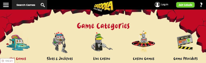 casoola lobby provides slot machines and jackpots, kasyno na żywo, different gambling games and filters by game providers-logo
