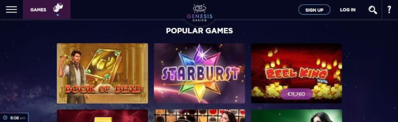 genesis casino lobby offers preferred games like starburst and guide of lifeless, also bonus offers can be obtained from the menu-logo