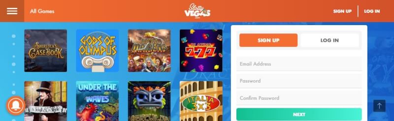 slottyvegas casino lobby offers different casino games, registration options and bonus offers-logo