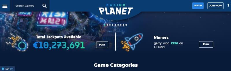 casino planet lobby provides jackpot games, search games filter and campaigns for brand new players-logo