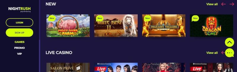 nightrush casino homepage offers casino games, cashback extra and offers for new players-logo