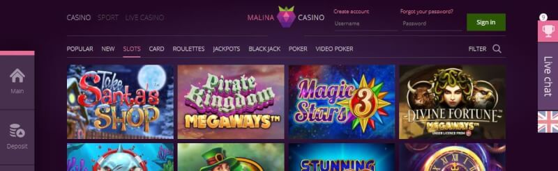 malina casino homepage offers casino games and campaigns for brand new players-logo