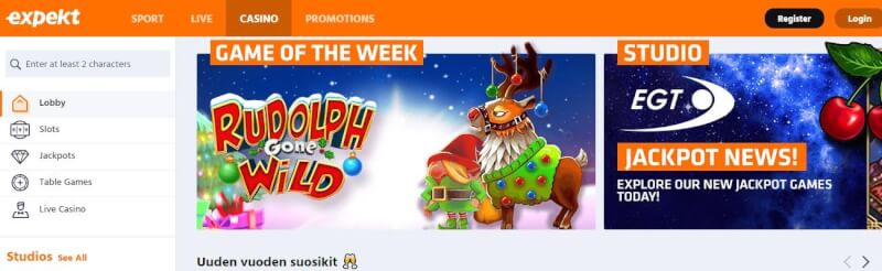 expekt casino homepage offers gambling games, first deposit extra and promotions for brand new players-logo
